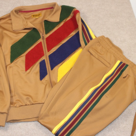 Makobi Other - Makobi Mens XL Tracksuit Set Tan Camel Multi Color Stripe Zip Jacket Pants M2757